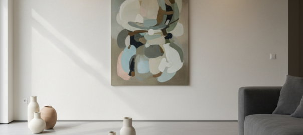 Nieuwbouwwoning met een zorgvuldig verlichte kunstwand en bouwtekening op tafel.